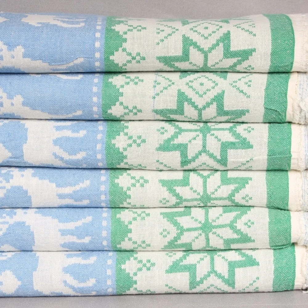NWT FAIR ISLE Modern Classic Jacquard Blanket Towel Green Blue Reversible Weave